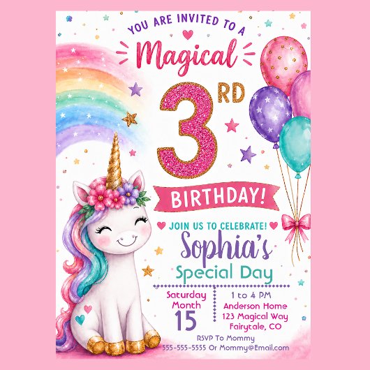 Invitation Les 3 ans de la fille licorne magique