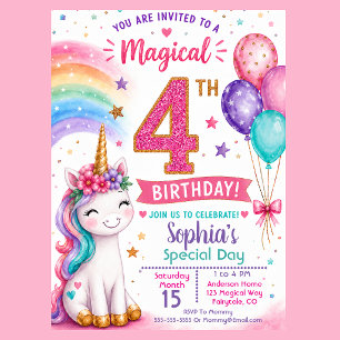Invitation Les 4 ans de la fille licorne magique