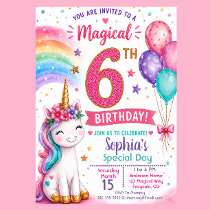 Invitation Les 6 ans de la fille licorne magique