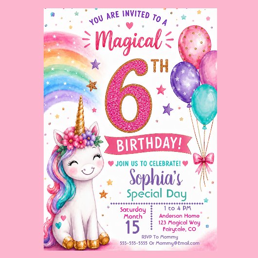 Invitation Les 6 ans de la fille licorne magique