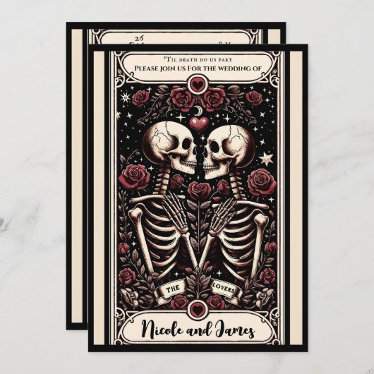 Invitation LES AMOUREUX Tarot Skeleton Aimer Red Roses Mariag (Devant / Derrière)
