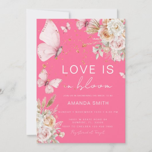 Invitation Les amours papillons floraux roses dans la Fête de (Devant)