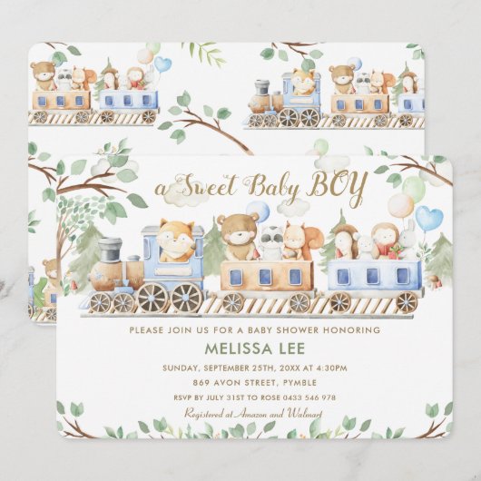 Invitation Les animaux de bois mignons Train Baby shower de v (Devant / Derrière)