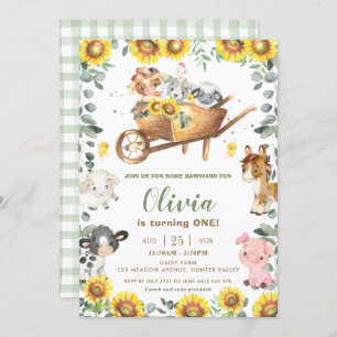Invitation Les animaux de ferme de Sunflower Green Birthday