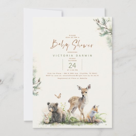 Invitation Les animaux de la forêt de bois Baby shower unique (Devant)