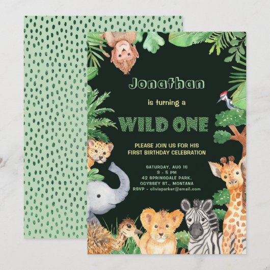 Invitation Les animaux de la jungle Wild One First Birthday I (Devant / Derrière)