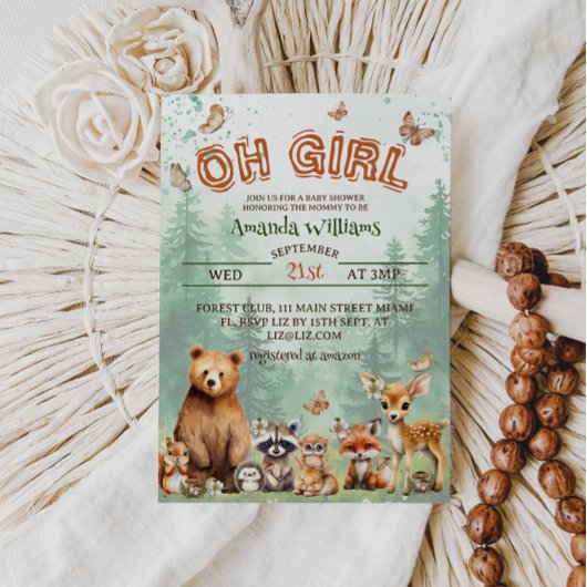 Invitation Les animaux des bois baby shower des filles
