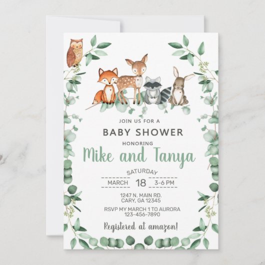 Invitation Les animaux des bois baby shower invitation, eucal (Devant)