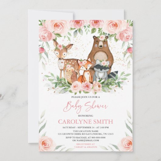 Invitation Les animaux des bois Baby shower rose (Devant)