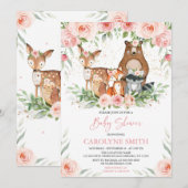 Invitation Les animaux des bois Baby shower rose (Devant / Derrière)
