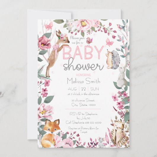 Invitation Les animaux des bois Baby shower rose (Devant)