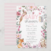 Invitation Les animaux des bois Baby shower rose (Devant / Derrière)