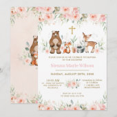 Invitation Les animaux des bois Blush Floral Baptism Christen (Devant / Derrière)