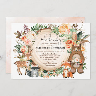Invitation Les animaux des bois pêchent le Baby shower floral