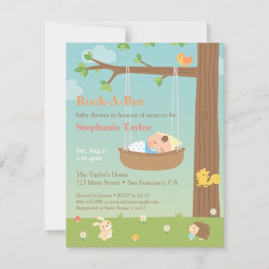 Invitation Les animaux des bois rochent un Baby shower au dor (Devant)