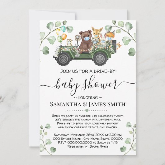 Invitation Les animaux des bois traversent le Baby shower (Devant)