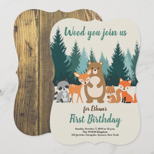 Invitation Les animaux forestiers dans les bois Premier anniv (Devant / Derrière)