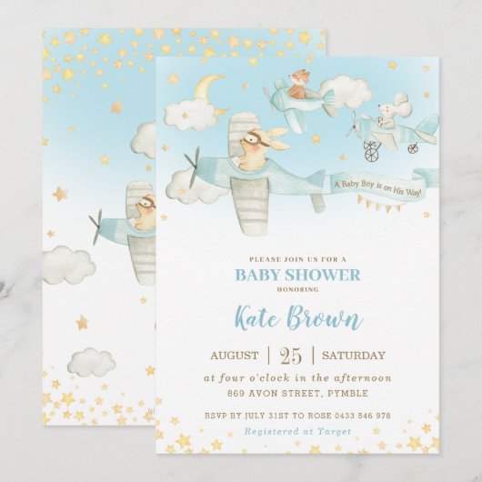 Invitation Les animaux mignons Avions Stars Sky Baby shower G (Devant / Derrière)