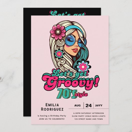 Invitation les années 70 soirée d'anniversaire Boogie Retro D (Devant / Derrière)