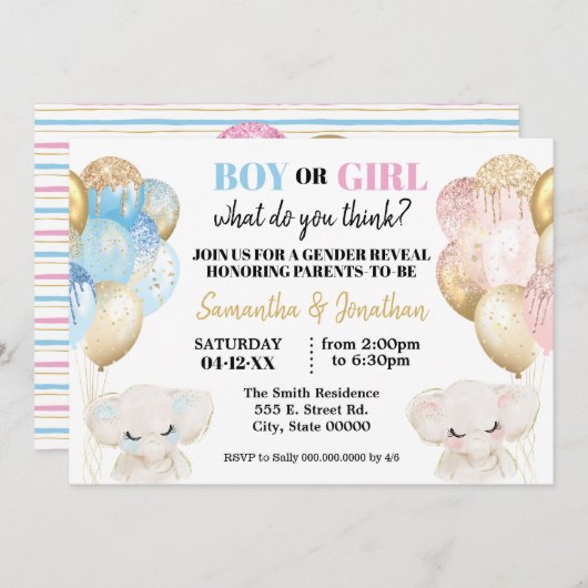 Invitation Les ballons de parties scintillant d'or Elephant r (Devant / Derrière)