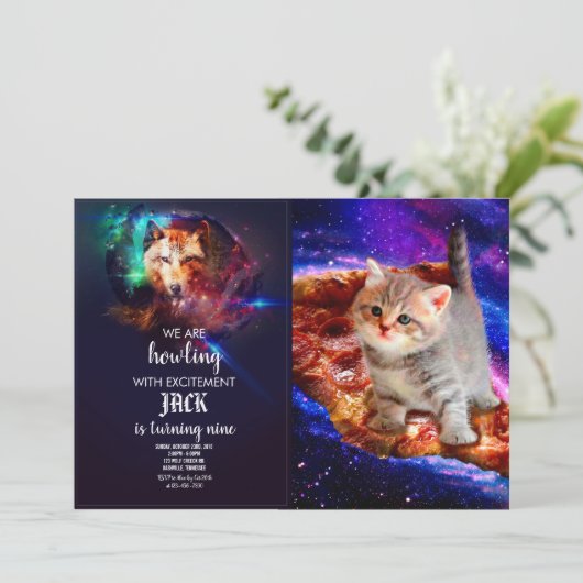 Invitation Les chats dans la pizza spatiale (Debout devant)
