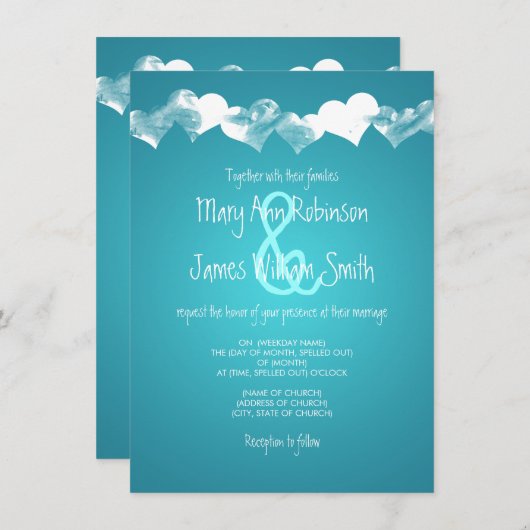 Invitation Les Coeurs des Grunges Mariages Turquoise (Devant / Derrière)