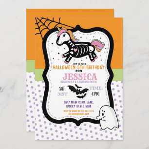 Invitation Les enfants d'Halloween Unicorne Skeleton Bats