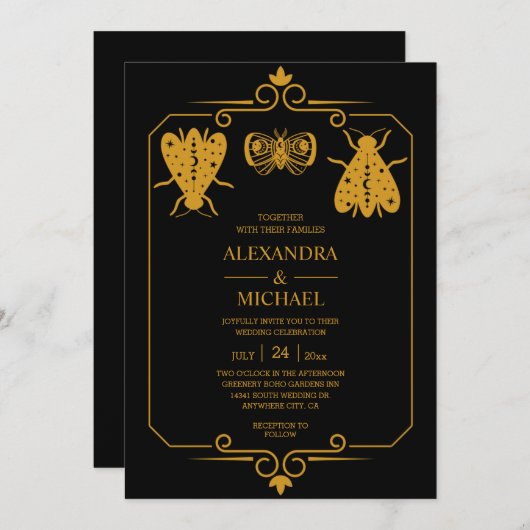 Invitation Les étoiles célestes de l'or noir mystique Mariage (Devant / Derrière)