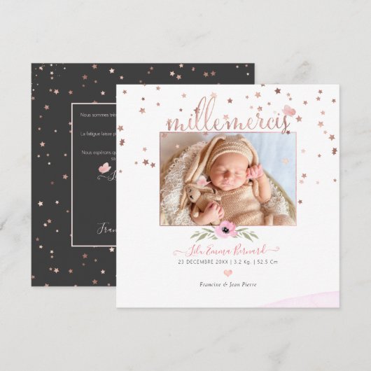 Invitation Les etoiles d'or rose Remerciements Naissance Fill (Devant / Derrière)