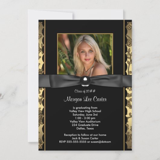 Invitation Les filles Black and Gold Photo Graduation (Devant)