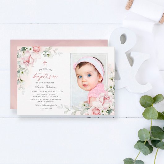 Invitation Les filles du baptême | Photo Pink Watercolor Invi