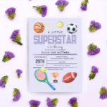 Invitation Les filles mignonne Purple Sports Superstar Baby s<br><div class="desc">Cette jolie et moderne "une petite superstar est en route" filles baby shower invitation design comprend un design de dessin animé de sport violet, avec un basket, football, football, football, raquette de tennis, trophée et étoiles. L'invitation peut être personnalisé avec le nom du parent et d'autres détails nécessaires à votre...</div>