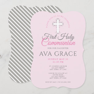 Invitation Les filles première sainte communion Croix rose In