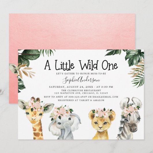 Invitation Les filles Safari Jungle Animaux Baby shower (Devant / Derrière)