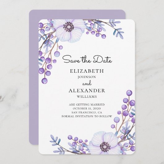 Invitation Les fleurs violettes sauvent la date. Mariage bota (Devant / Derrière)