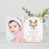 Invitation Les flocons de neige floraux du renne Photo d'anni (Debout devant)