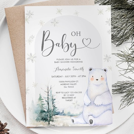 Invitation Les flocons d'hiver Ours Baby shower À feuillage p