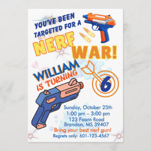 Invitation Les garçons Blue Orange BD Party - Guerre Nerf 6èm