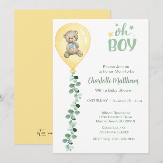 Invitation Les Garçons Portent Balloon Jaune Baby shower Euca (Devant / Derrière)