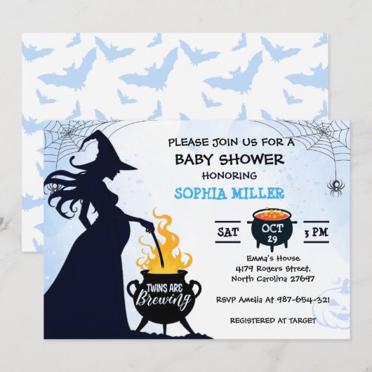 Invitation Les jumeaux brassent la sorcière de douche Hallowe (Devant / Derrière)