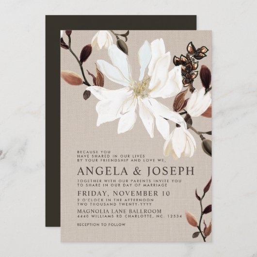 Invitation Les Magnolias en fleurs Burlap| Mariage Brown (Devant / Derrière)