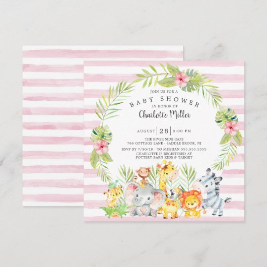 Invitation Les mignonnes filles Jungle Animaux Baby shower (Devant / Derrière)