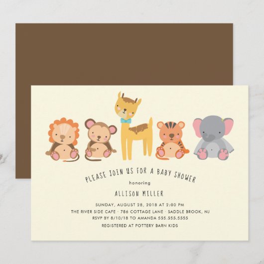 Invitation Les mignons animaux Baby shower de la jungle (Devant / Derrière)