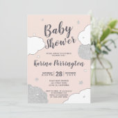 Invitation Les nuages roses d'argent étoilés baby shower (Debout devant)