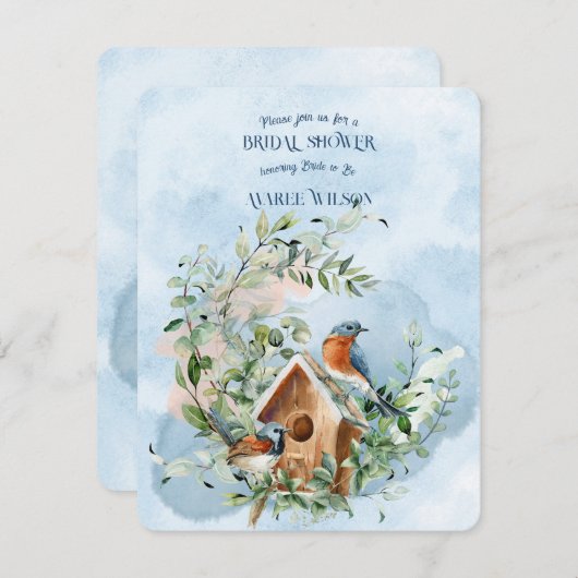 Invitation Les oiseaux bleus dans une couronne de Fête des ma (Devant / Derrière)