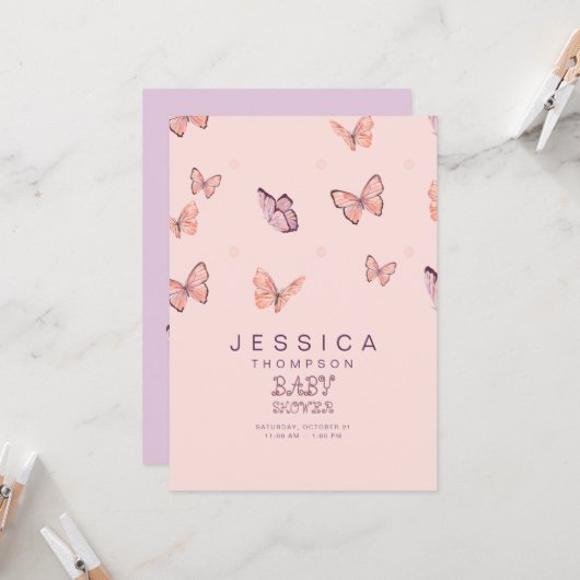 Invitation Les papillons dans l'invitation Baby shower de la (Devant/Arrière en situation)