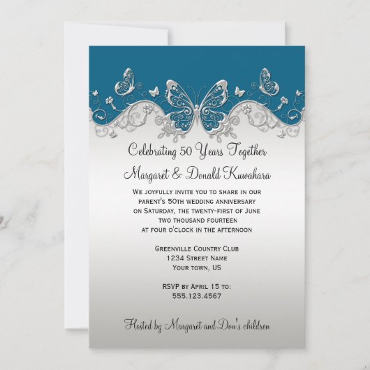 Invitation Les papillons d'argent Turquoises 25e anniversaire (Devant)