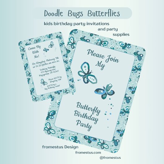 Invitation Les papillons Doodle - turquoise - anniversaire.