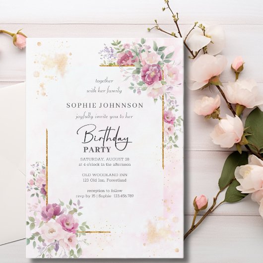 Invitation Les pivoines avec cadre or