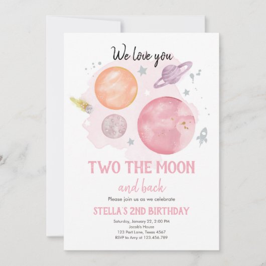 Invitation Les Planètes spatiales Deux La Lune Fille Annivers (Devant)